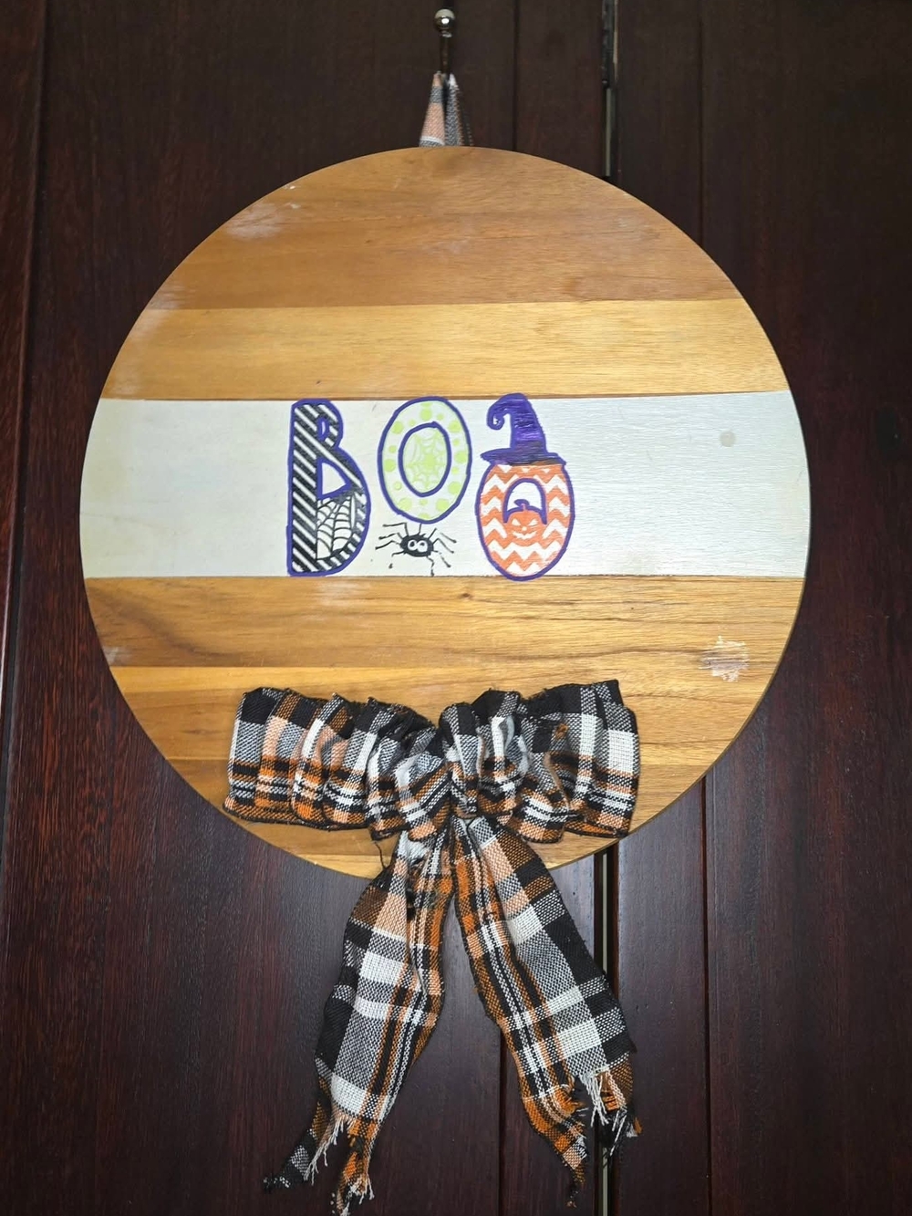Round Wooden 'Boo' Wall Sign with Plaid Bow - Orange & Black